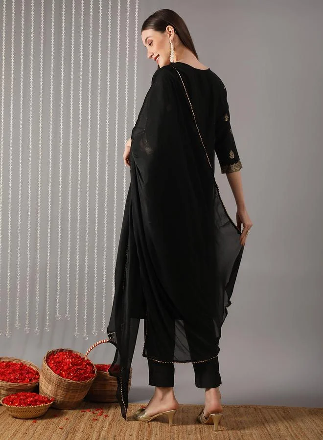 globus Women Black Ethnic Print Straight Kurta with Pant and Dupatta Set